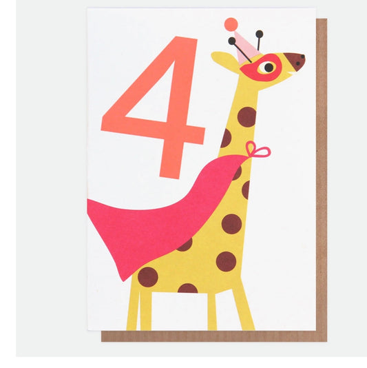 4 Neon Giraffe  Birthday card Age 4