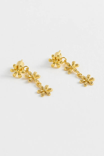 Triple Floral Drop Front Back Earring - Gold Plated