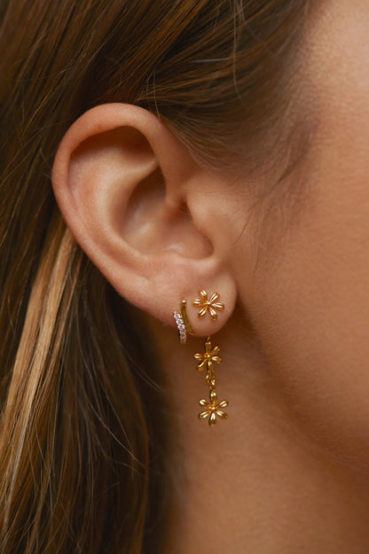 Triple Floral Drop Front Back Earring - Gold Plated