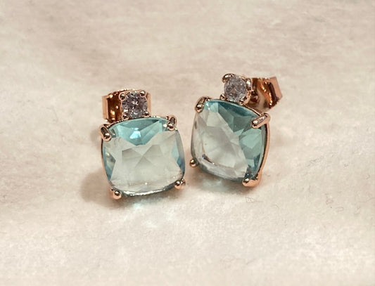 Square Crystal Earrings Rose Gold - Light Blue