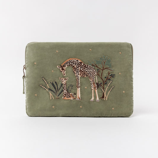 Giraffe Mother and Baby Laptop Case - Olive Velvet